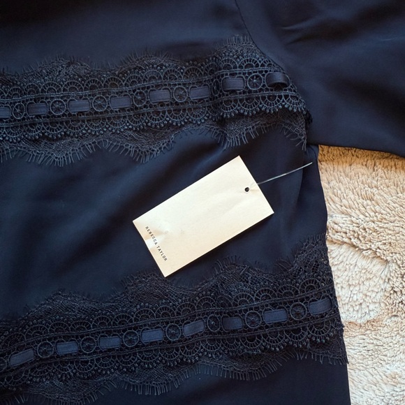 NWT REBECCA TAYLOR Lace Stripe Silk Top In Dark Navy Size XS - Picture 7 of 16